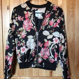 Black floral zip up bomber jacket